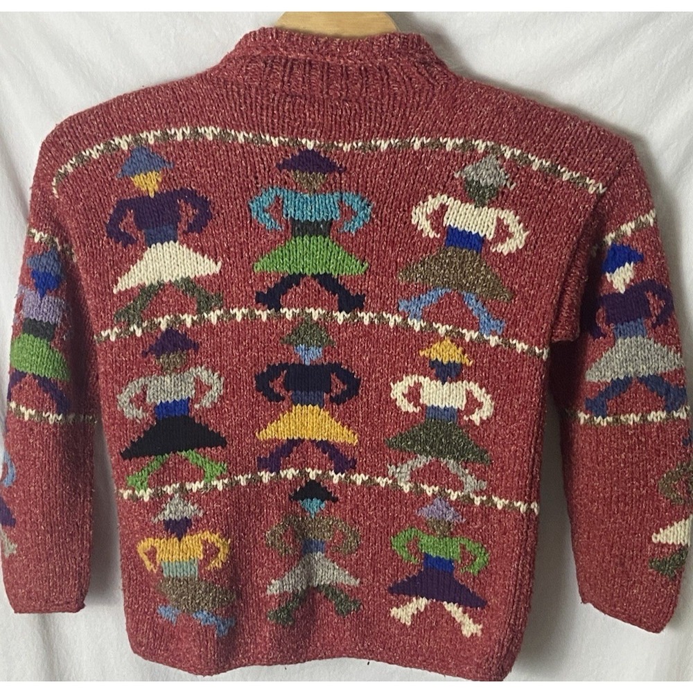 Vtg Ecuador Handknit‎ Sweater L Red Tweed Wool Zip Front Cardigan Dancing Women - Picture 3 of 4